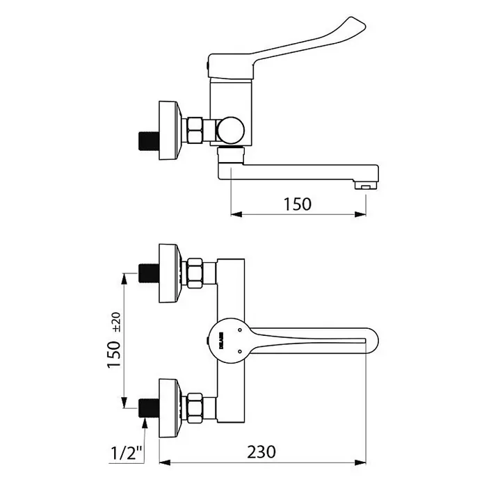 Delabie Waschtischarmatur Delabie SPT-EHM W.-Mont. EP Securit. Schwenkausl. L.150 H-Hebel, S/C -  - Wandmontierte Einhebelmischbatterie mit 1/2" Anschlüssen und 150±20mm Achsabstand. Auslauf 150mm, Gesamt 230mm.