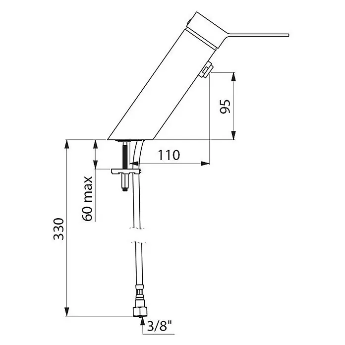 Delabie Waschtischarmatur Delabie EHM für WT BIOSAFE H.95 ohne Zugst.Ablgarn., Bedienhebel -  - Schräger Einhebelmischer mit Maßen: Gesamthöhe 330mm, Auslaufhöhe 95mm, Ausladung 110mm, 3/8" Anschluss.