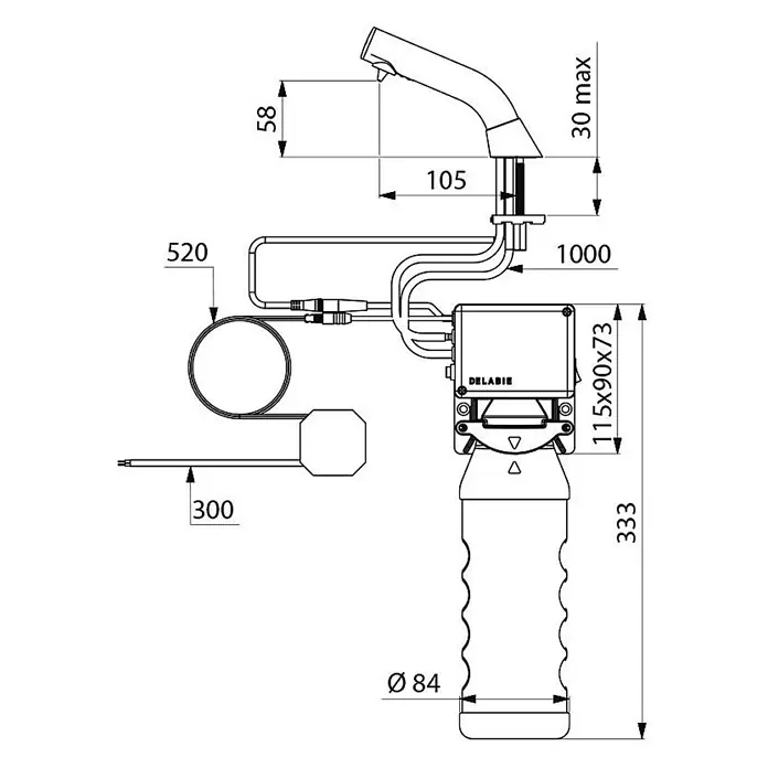 Delabie Waschbecken Delabie -  - Technische Zeichnung eines Wasserhahnsystems mit Auslauf, Schläuchen, Steuereinheit und Filter, inklusive Einbaumaßen.