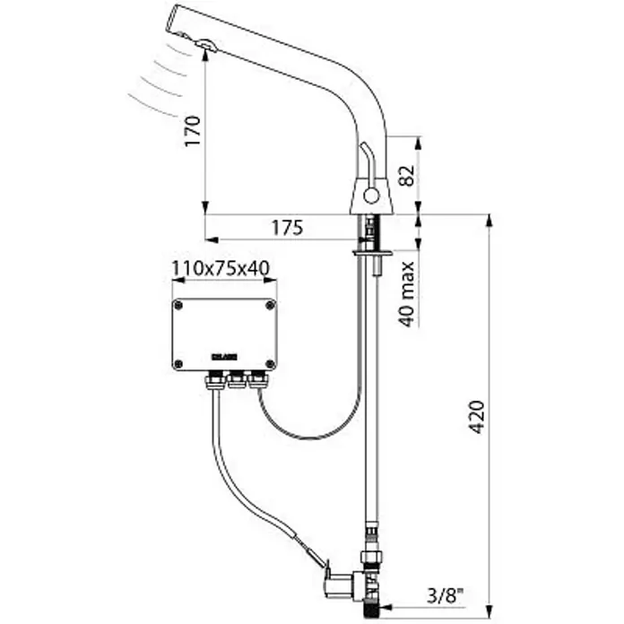 Delabie Waschtischarmatur Delabie WT-MBatt.BINOPTIC MIX G3/8B matt schw.H170 Netzbetrieb230/12V - Schwarz Matt - Technische Zeichnung einer Sensor-Küchenarmatur mit Ausziehbrause und Steuerbox, inklusive Maßen.