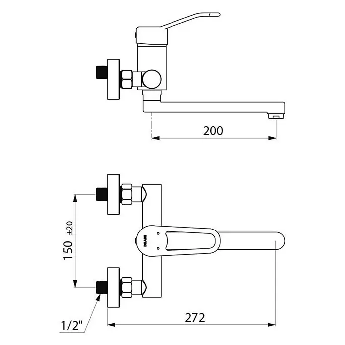 Delabie Waschtischarmatur Delabie EHM W.-Mont. EP Securit. Schwenkausl. L.200, Bügelgr., Stdd. -  - Technische Zeichnung einer wandmontierten Einhebel-Mischbatterie mit 200mm Auslauf und 1/2 Zoll Anschlüssen.