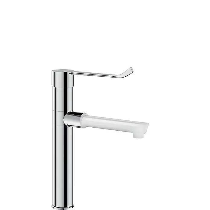 Delabie Waschtischarmatur Delabie EHM EP mit Schwenkauslauf BIOCLIP H.180 L.180 + 1 Einmalausl. -  - Polierte Chrom-Einhebelarmatur mit weißem, modernem Auslauf.