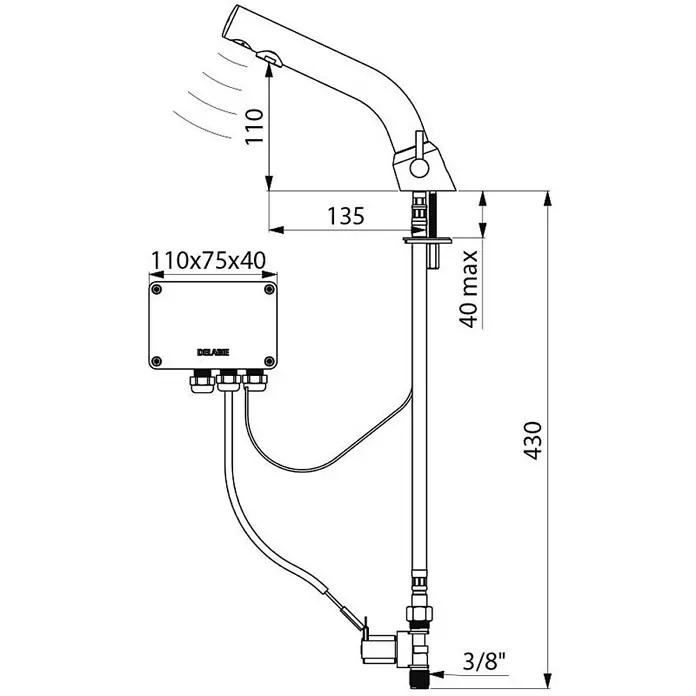 Delabie Waschtischarmatur Delabie Stand MBatt. BINOPTIC MIX G3/8B Feststrom 230/12V mit Trafo - Chrom - Technische Zeichnung eines berührungslosen Armaturensystems mit Sensor, Steuerbox und Wasseranschlussdetails, inklusive Maßen.