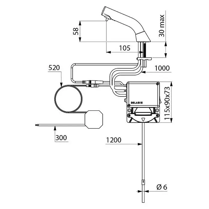 Delabie Waschbecken Delabie -  - Technische Zeichnung eines modernen Wasserhahns mit separater Steuereinheit, Schläuchen und Kabeln, inklusive Maßen.