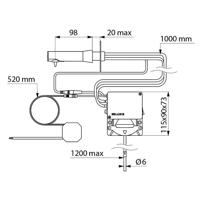 Delabie Waschbecken Delabie -  - Technische Zeichnung eines DELABIE Automatik-Wasserhahns oder Spülsystems mit Steuereinheit, Sensorkopf und Anschlusskabeln, inkl. Maße.