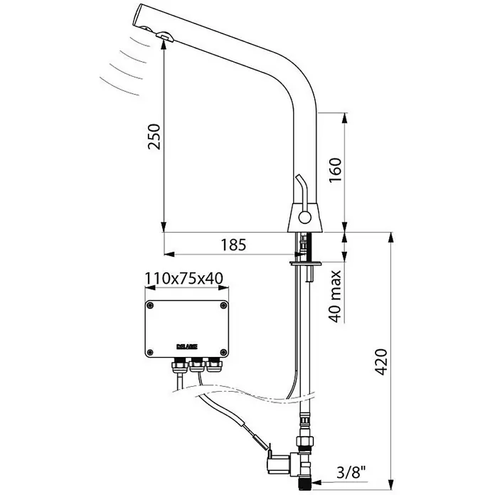 Delabie Waschtischarmatur Delabie WT-MBatt.BINOPTIC MIX G3/8B matt schw.H250 Netzbetrieb230/12V - Schwarz Matt - Technische Zeichnung eines Sensor-Küchenarmatur mit geschwungenem Auslauf und externer Steuerbox, inkl. Maße.
