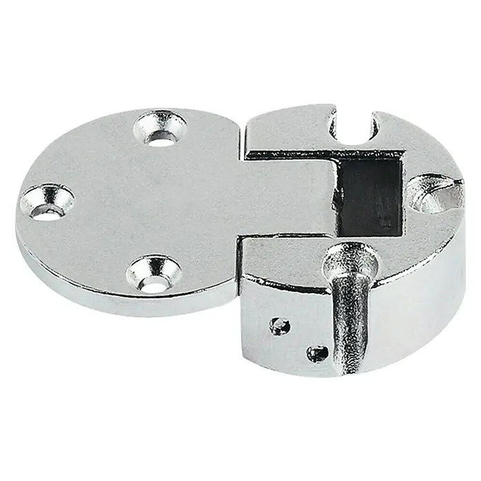 Stabilit Bisagra plegable - Ángulo de apertura: 90 °, 2 pzs., Zinc fundido - Una bisagra de mueble brillante de color plateado con formas redondeadas y orificios de montaje para una fácil instalación.