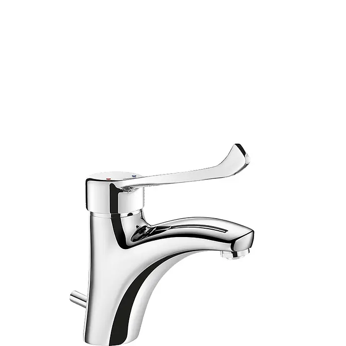 Delabie Waschtischarmatur Delabie EHM f. WT, H85 L135 mm,Zugstangenablaufgarnitur,Hygienehebel - Laiton chromé - Glänzende Chrom-Einhebelarmatur mit roten und blauen Temperaturmarkierungen.