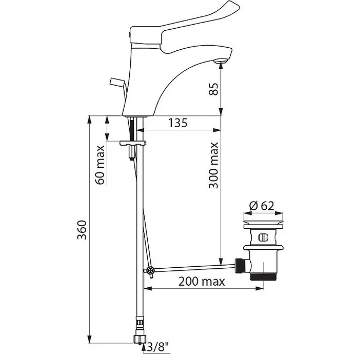 Delabie Waschtischarmatur Delabie EHM f. WT, mit EP, H85 L135 mm, Zugst.Ablgarn., Hygienehebel -  - Technische Zeichnung eines verchromten Einhebel-Waschtischarmatur mit Zugstangenablaufgarnitur und Maßen.