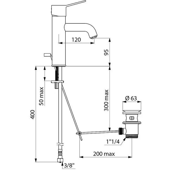 Delabie Waschtischarmatur Delabie EHM für WT EP H.95 L.120, Zugst.Ablgarn., Bedienhebel -  - Technische Zeichnung einer Einhebel-Waschtischarmatur mit integriertem Zugstangenablaufventil, mit Maßen.