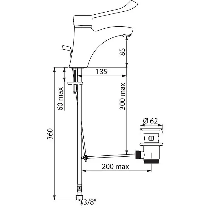 Delabie Waschtischarmatur Delabie EHM f. WT, H85 L135 mm,Zugstangenablaufgarnitur,Hygienehebel - Laiton chromé - Technische Zeichnung eines Einhebel-Waschtischmischers mit Zugstangen-Ablaufgarnitur, Maße darstellend.