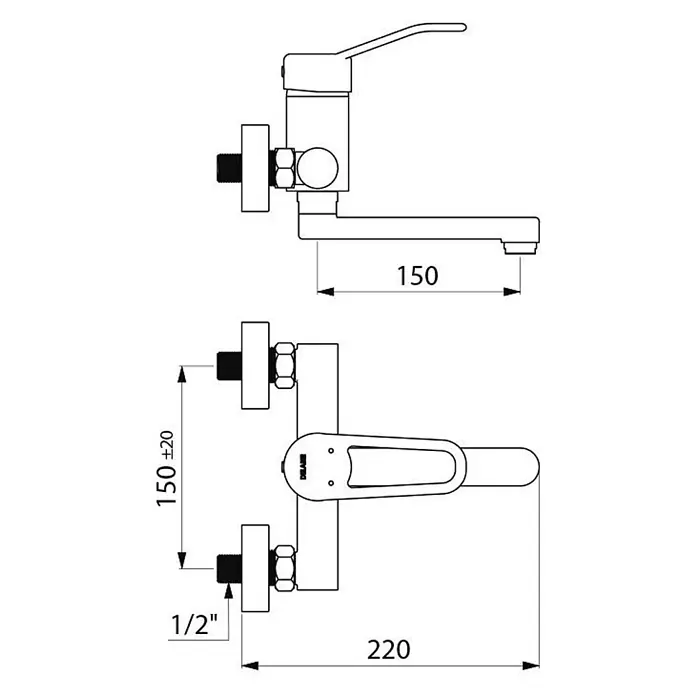Delabie Waschtischarmatur Delabie SPT-EHM W.-Mont. Securitouch Schwenkausl. L150,Bügelgr.,Stdd -  - Technische Zeichnung einer Wand-Einhebel-Mischbatterie. Auslauf 150mm, 1/2"-Anschlüsse mit 150±20mm Achsabstand, Tiefe 220mm.