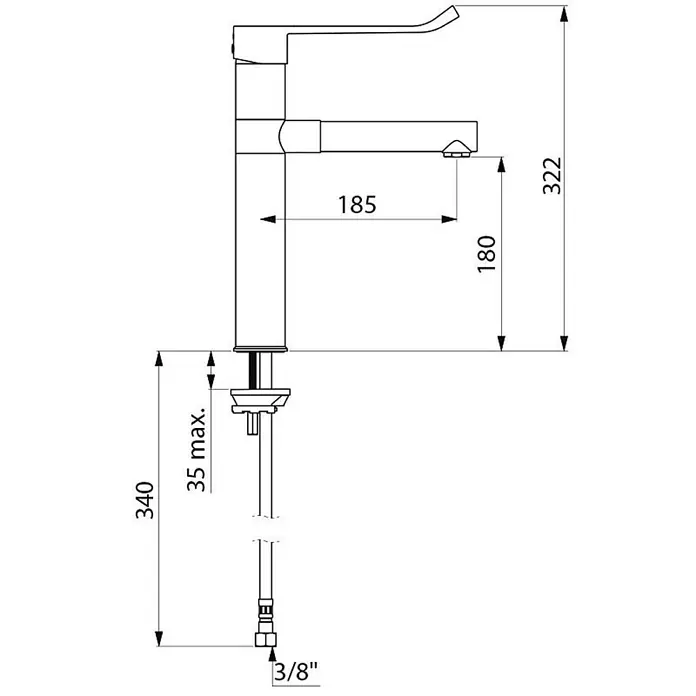 Delabie Waschtischarmatur Delabie EHM mit Schwenkauslauf BIOCLIP H.180 L.185 + 2 Edelstahlausl. -  - Strichzeichnung eines Einhebelmischers mit Maßen: Gesamthöhe 322mm, Ausladung 185mm, Anschluss 3/8 Zoll.