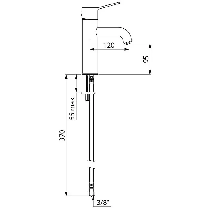 Delabie Waschtischarmatur Delabie EHM für WT BIOCLIP H.95, o.Ablgarn., Bedienhebel,o.Vorabsp. -  - Maßzeichnung einer Armatur mit Hauptabmessungen.
