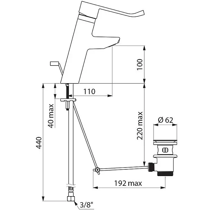 Delabie Waschtischarmatur Delabie EHM f. WT EP H.100 L.110,mit Zugstangenablaufgarnitur,H-Hebel -  - Technische Zeichnung einer Einhebel-Waschtischarmatur mit Maßen und Ablaufgarnitur.
