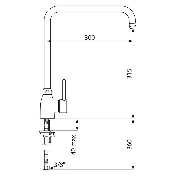 Delabie Waschtischarmatur Delabie EHM für WT,Schwenkauslauf H315 L300mm, ohne Ablaufgarnitur -  - Technische Zeichnung: Küchenarmatur mit 300mm Ausladung, 360mm Höhe und 3/8" Anschluss.