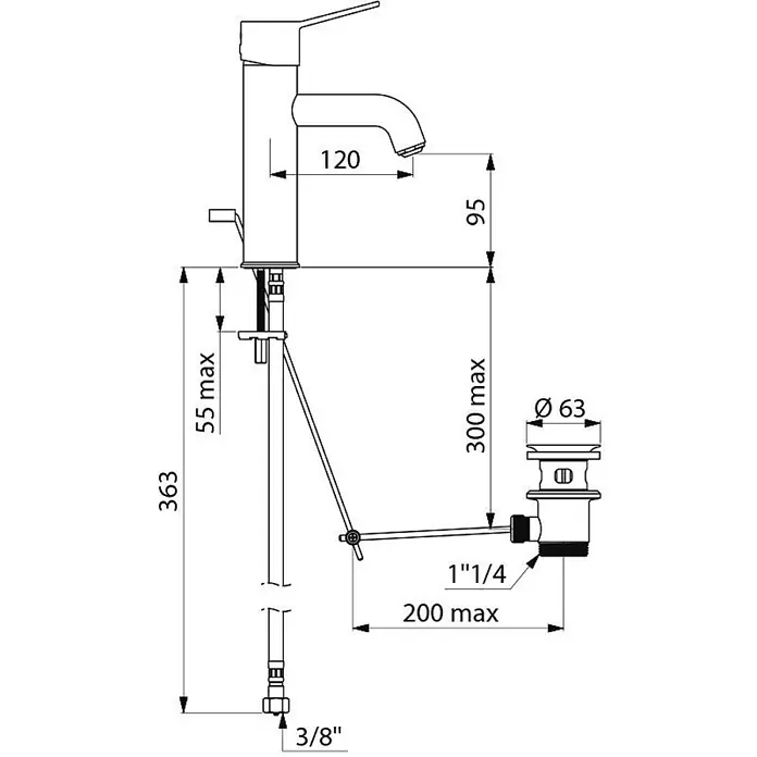 Delabie Waschtischarmatur Delabie EHM f. WT BIOCLIP H.95 L.120,Ablgarn.,Bedienhebel,o.Vorabsp. -  - Technisches Diagramm eines Küchenarmatur mit Ablaufgarnitur, inklusive Maßen.