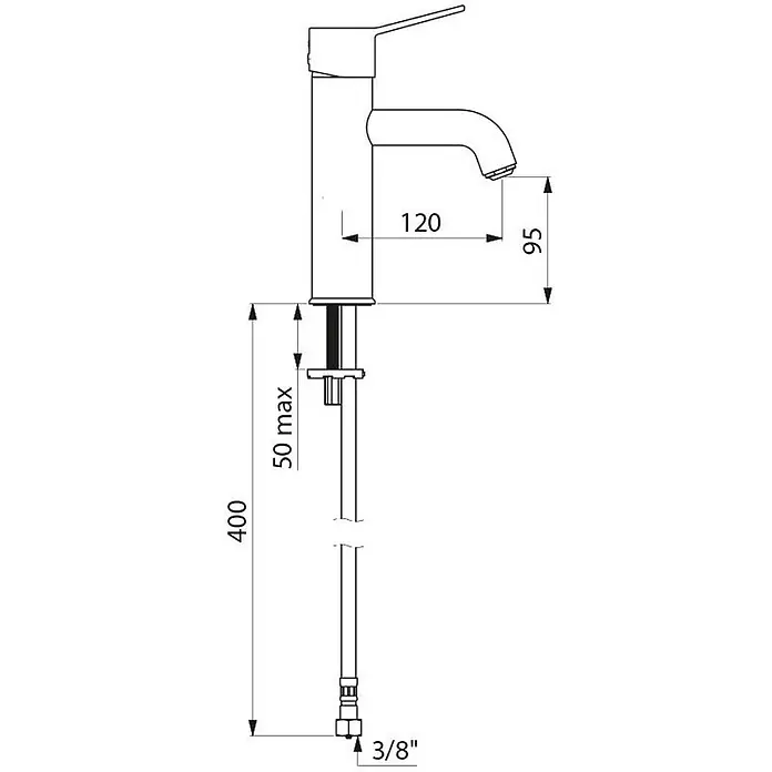 Delabie Waschtischarmatur Delabie EHM für WT EP H.95 L.120, ohne Ablaufgarnitur, Bedienhebel -  - Technische Zeichnung einer Einhebel-Mischbatterie mit Maßen für Ausladung, Höhe und 3/8" Anschluss.