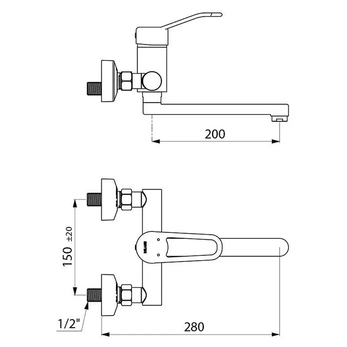 Delabie Waschtischarmatur Delabie EHM W.-Mont. EP Securit. Schwenkausl. L.200, Bügelgr., S/C -  - Technische Zeichnung einer Wand-Einhebelmischbatterie. Zeigt 200mm Auslauf, 150±20mm Montageabstand und 1/2" Anschlüsse.