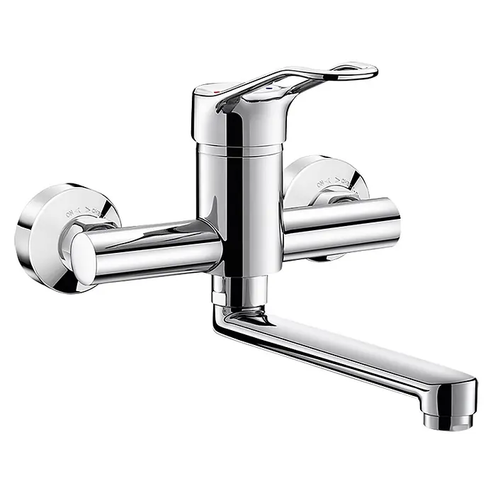 Delabie Waschtischarmatur Delabie EHM W.-Mont. EP Securit. Schwenkausl. L.200, Bügelgr., S/C -  - Glänzender Chrom-Wandmischer mit Einhebelbedienung und langem, geradem Auslauf.