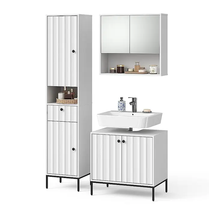 Vicco Badmöbel-Set Eliza Weiß Riffel 3 Teile - Weiß Riffel, Matt - Weißes Badmöbelset mit gerippten Türen und schwarzen Metallbeinen, bestehend aus Hochschrank, Waschtisch mit Waschbecken und Spiegelschrank.