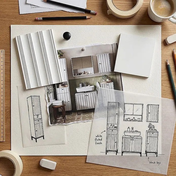 Vicco Badmöbel-Set Eliza Weiß Riffel 3 Teile - Weiß Riffel, Matt - Designkonzept für weiße, gerillte Badmöbel mit schwarzen Beinen, dargestellt als Skizzen, Materialmuster und Moodboard.
