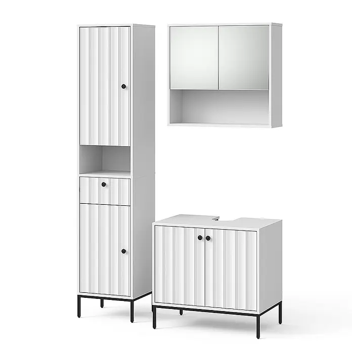 Vicco Badmöbel-Set Eliza Weiß Riffel 3 Teile - Weiß Riffel, Matt - Weißes Badmöbel-Set mit geriffelten Fronten, schwarzen Griffen und Metallbeinen: Hochschrank, Spiegelschrank, Waschtischunterschrank.