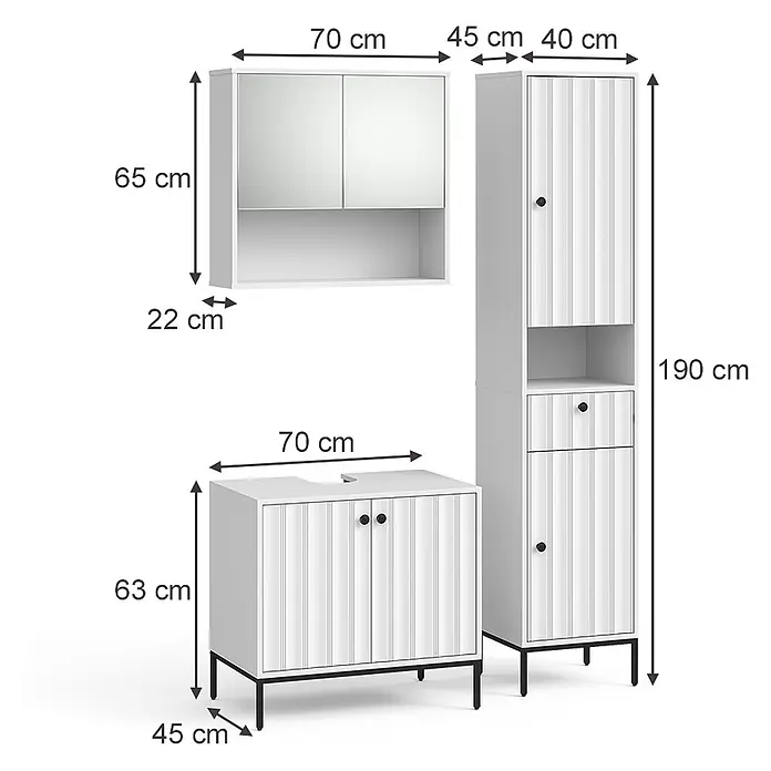 Vicco Badmöbel-Set Eliza Weiß Riffel 3 Teile - Weiß Riffel, Matt - Weißes Badmöbelset: Spiegelschrank, Waschtischunterschrank und hoher Schrank mit geriffelten Paneelen und schwarzen Akzenten.
