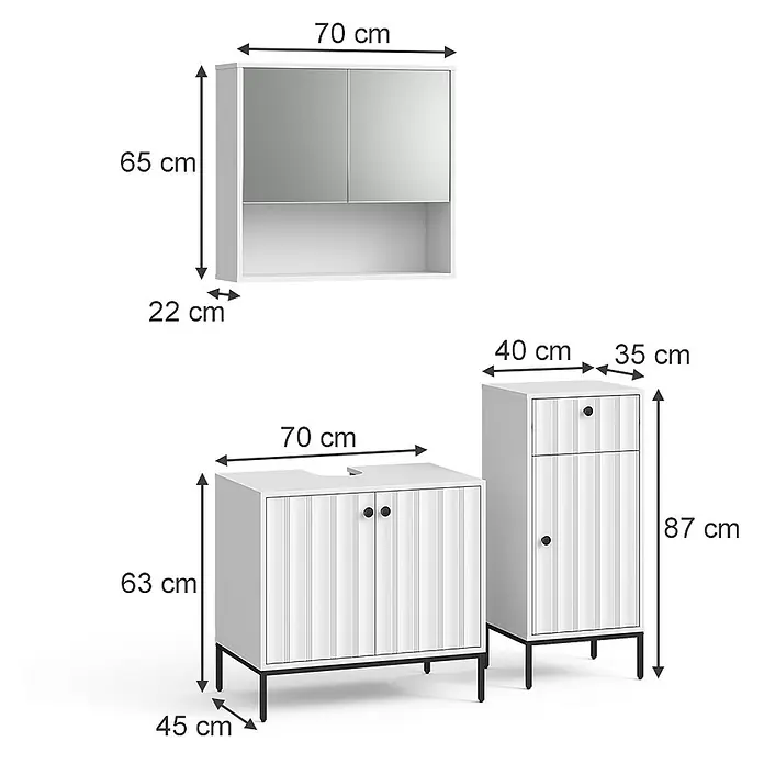 Vicco Badmöbel-Set Eliza Weiß Riffel 3 Teile - Weiß Riffel, Matt - Weißes Badezimmermöbel-Set: Spiegelschrank, Waschtischunterschrank und Hochschrank mit Maßangaben.