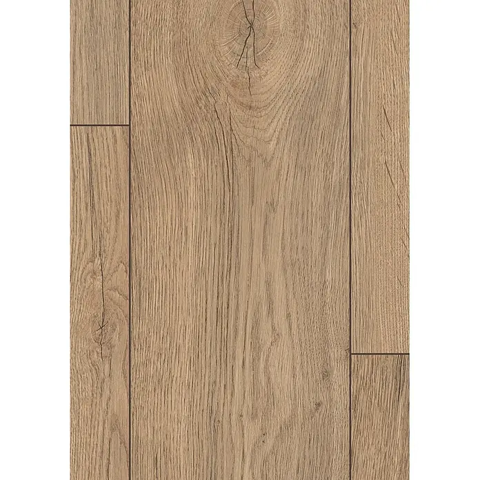 Egger Laminat NatureSense Promo - Elva Eiche natur, Landhausdiele, 1.292 x 193 x 8 mm - Hellbrauner Holzboden mit sichtbarer Maserung und Ästen, bestehend aus ineinandergreifenden Dielen.