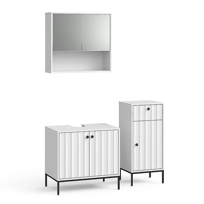 Vicco Badmöbel-Set Eliza Weiß Riffel 3 Teile - Weiß Riffel, Matt - Weißes geriffeltes Badmöbel-Set mit Spiegelschrank, Waschtischunterschrank und Hochschrank, schwarzen Griffen und Beinen.