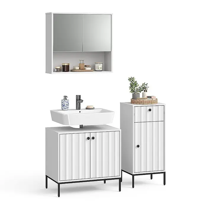 Vicco Badmöbel-Set Eliza Weiß Riffel 3 Teile - Weiß Riffel, Matt - Weißes Badezimmermöbel-Set mit gerillten Schränken, Waschbecken und Spiegelschrank. Mit schwarzen Griffen und Beinen.