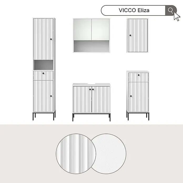 Vicco Badmöbel-Set Eliza Weiß Riffel 5 Teile - Weiß Riffel, Matt - VICCO Eliza weiße Badezimmermöbel: Hochschrank, Waschtisch, kleine Schränke (geriffelte Türen) und ein Spiegelschrank. Schwarze Griffe & Beine.