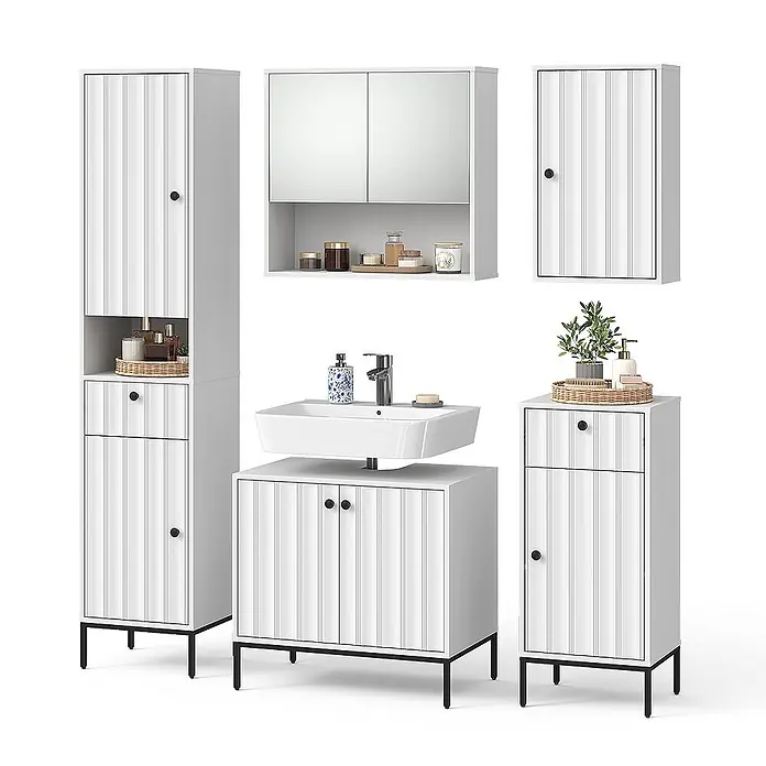 Vicco Badmöbel-Set Eliza Weiß Riffel 5 Teile - Weiß Riffel, Matt - Weißes Badmöbelset mit geriffelten Türen, schwarzen Griffen und Beinen, inklusive Waschtisch, Hochschrank und Spiegelschrank.