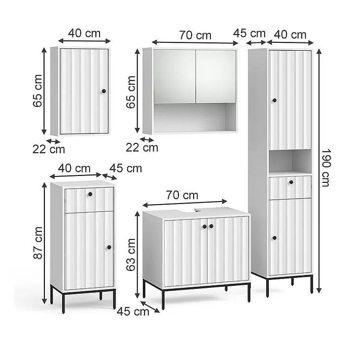 Vicco Badmöbel-Set Eliza Weiß Riffel 5 Teile - Weiß Riffel, Matt - Weißes Badmöbelset mit verschiedenen Wand- und Stehschränken, schwarzen Griffen und Beinen, inklusive Maßen.