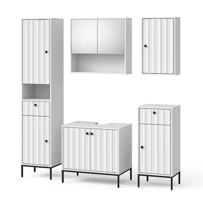 Vicco Badmöbel-Set Eliza Weiß Riffel 5 Teile - Weiß Riffel, Matt - Weißes Badmöbel-Set mit geriffelten Fronten und schwarzen Akzenten, inklusive verschiedener Schränke und eines Waschtischunterschranks.