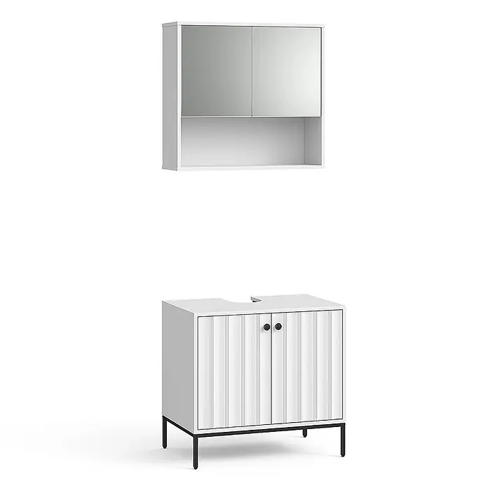 Vicco Badmöbel-Set Eliza Weiß Riffel 2 Teile - Weiß Riffel, Matt - Weißer Badunterschrank mit geriffelten Türen und schwarzen Beinen, dazu ein passender Spiegelschrank.
