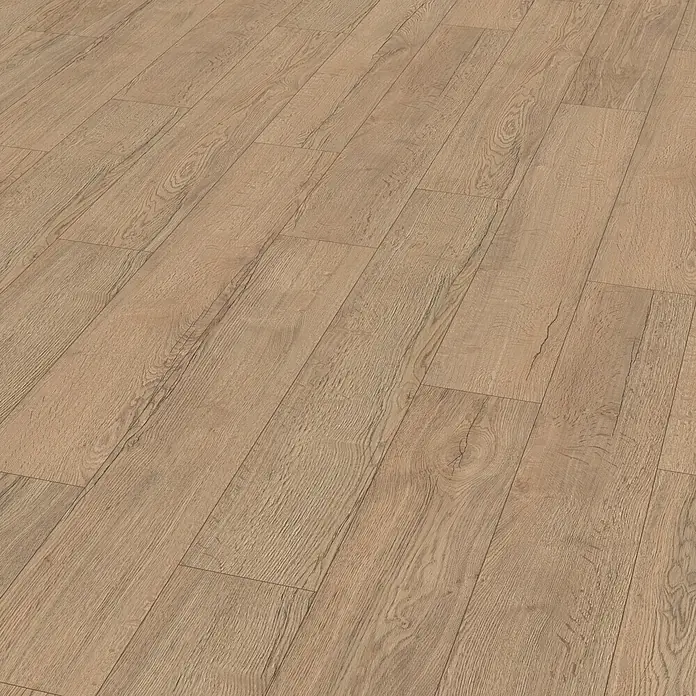Egger Laminat NatureSense Promo - Elva Eiche natur, Landhausdiele, 1.292 x 193 x 8 mm - Hellbrauner, strukturierter Dielenboden, diagonal verlegt.
