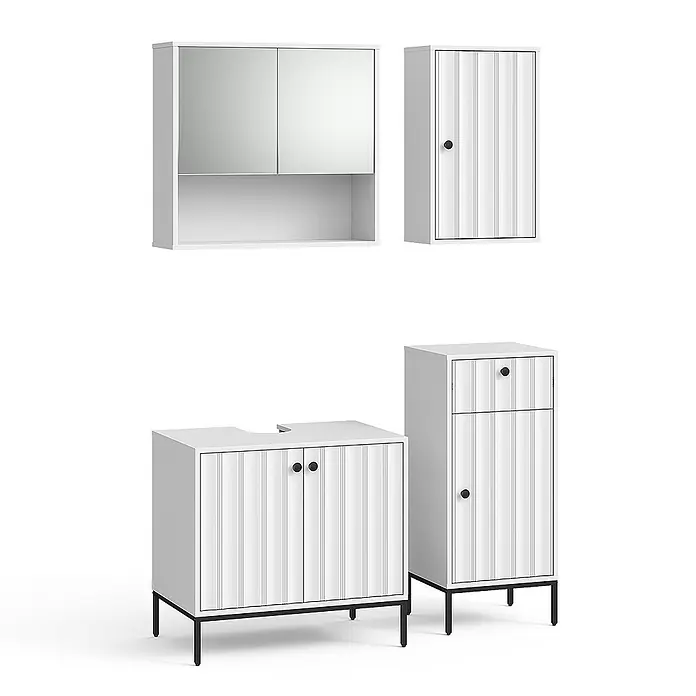 Vicco Badmöbel-Set Eliza Weiß Riffel 4 Teile - Weiß Riffel, Matt - Weißes Badezimmermöbel-Set mit Lattenfronten und schwarzen Griffen/Beinen, inkl. Spiegelschrank, Waschtischunterschrank und Hochschrank.