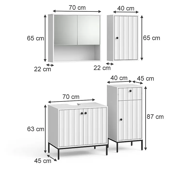 Vicco Badmöbel-Set Eliza Weiß Riffel 4 Teile - Weiß Riffel, Matt - Weißes Badmöbelset mit Spiegelschrank, Hängeschrank, Waschtischunterschrank und Hochschrank.