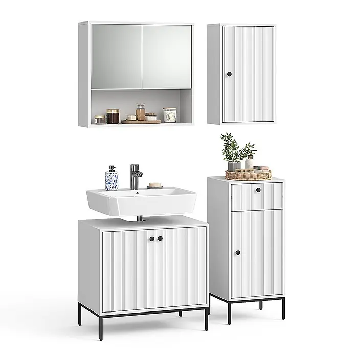Vicco Badmöbel-Set Eliza Weiß Riffel 4 Teile - Weiß Riffel, Matt - Weißes Badezimmermöbel-Set mit geriffelten Fronten und schwarzen Details, bestehend aus Spiegelschrank, Wandschrank, Waschtischunterschrank und hohem Schrank.