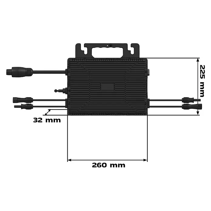 Sunniva Balkonkraftwerk-Set 2000 / 800 Watt mit ASTRO-E Wechselrichter - Nennleistung: 800 W, L x B x H: 1.906 x 1.134 x 30 mm - Schwarzer rechteckiger Solar-Mikrowechselrichter mit integrierten Kabeln und Steckern. Maße: 260x225mm, mit 32mm Steckerüberstand.