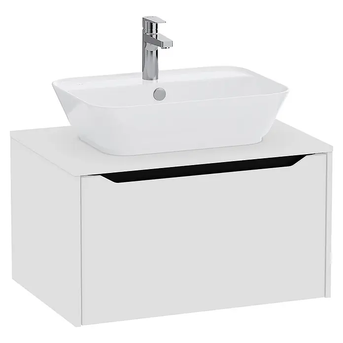 VitrA Integra Square Waschtischunterschrank Integra Square - B x T x H: 80 x 52 x 42 cm, Hellgrau - Weißer Badunterschrank mit Aufsatzwaschbecken und Chromarmatur.