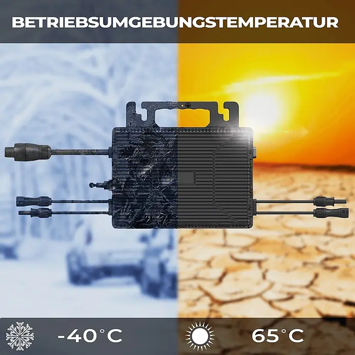 Sunniva Balkonkraftwerk-Set 920 / 800 Watt mit ASTRO-E Wechselrichter - Nennleistung: 800 W, L x B x H: 1.762 x 1.134 x 30 mm - Schwarzer Solarmikrowechselrichter, halb eisbedeckt, halb sonnenbeschienen, zeigt Betriebstemperaturbereich von -40°C bis 65°C.