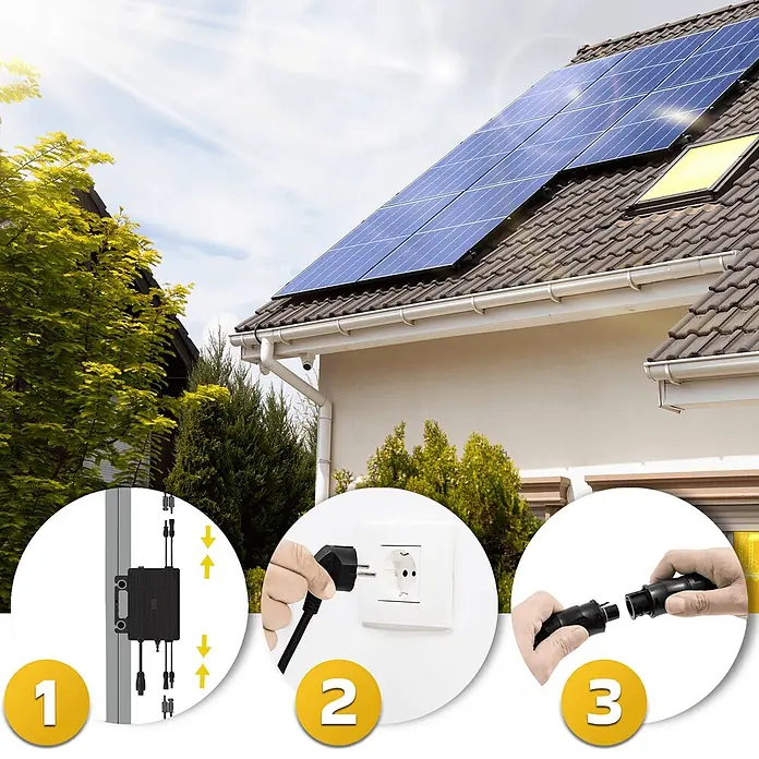 Sunniva Balkonkraftwerk-Set 2000 / 800 Watt mit ASTRO-E Wechselrichter - Nennleistung: 800 W, L x B x H: 1.906 x 1.134 x 30 mm - Anschluss von Solarmodulen: Verkabelung an Wechselrichter, Stecker in Steckdose, Kabelverbindung.
