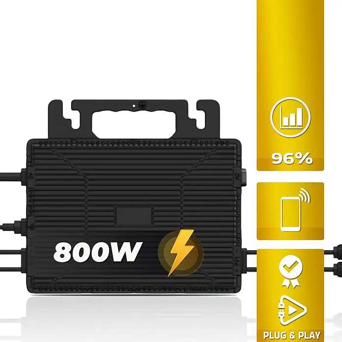 Sunniva Balkonkraftwerk-Set 2000 / 800 Watt mit ASTRO-E Wechselrichter - Nennleistung: 800 W, L x B x H: 1.906 x 1.134 x 30 mm - Schwarzer 800W Wechselrichter mit Blitzsymbol.