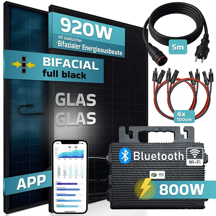 Sunniva Balkonkraftwerk-Set 920 / 800 Watt mit ASTRO-E Wechselrichter - Nennleistung: 800 W, L x B x H: 1.762 x 1.134 x 30 mm - Bifaziales Glas-Glas Solarpanel-Set (920W, voll schwarz) mit 800W Wechselrichter (Bluetooth/Wi-Fi, App), 5m AC-Kabel, 4x 1m MC4-Kabel.