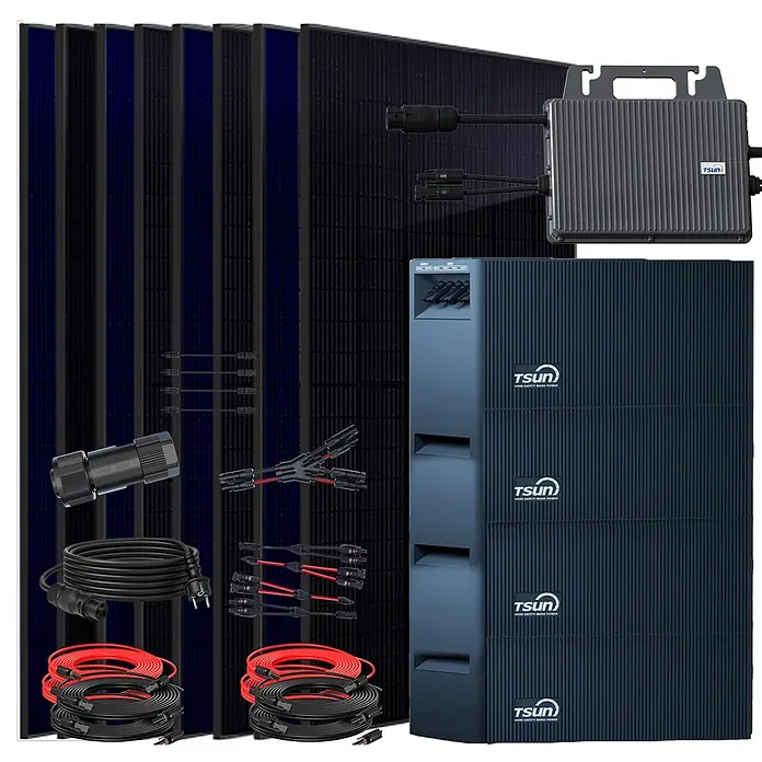 Sunniva Balkonkraftwerk-Set 3680 / 800 Watt mit TSUN DCU2000Lite 8,04 kWh Speicher - Nennleistung: 800 W, L x B x H: 1.762 x 1.134 x 30 mm - TSUN Solarsystem-Kit: dunkle Module, grauer Mikro-Wechselrichter, Batteriespeicher und Kabel für die Stromerzeugung.
