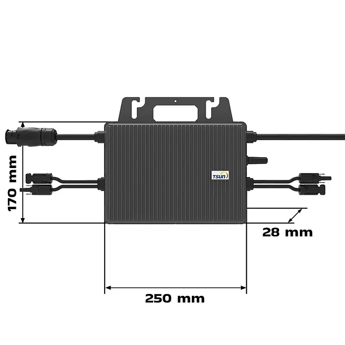 Sunniva Balkonkraftwerk-Set 1000 / 800 Watt mit TSUN Wechselrichter - Nennleistung: 800 W, L x B x H: 1.906 x 1.134 x 30 mm - Dunkelgrauer TSUN Mikrowechselrichter mit geripptem Gehäuse, integrierten Kabeln und Anschlüssen, 250x170mm.