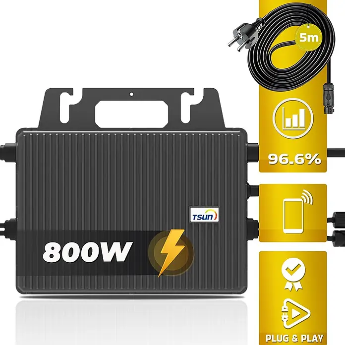 Sunniva Balkonkraftwerk-Set 1000 / 800 Watt mit TSUN Wechselrichter - Nennleistung: 800 W, L x B x H: 1.906 x 1.134 x 30 mm - Schwarzer TSUN 800W Mikro-Wechselrichter, gerippt, mit 5m Kabel, 96,6% Effizienz, Smartphone-App und Plug & Play.